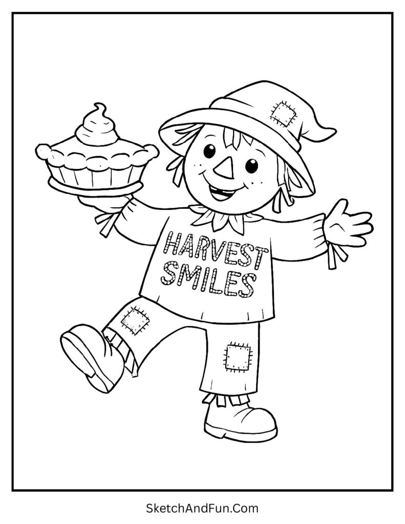 Smiling scarecrow with pie for thanksgiving coloring thanksgiving words.