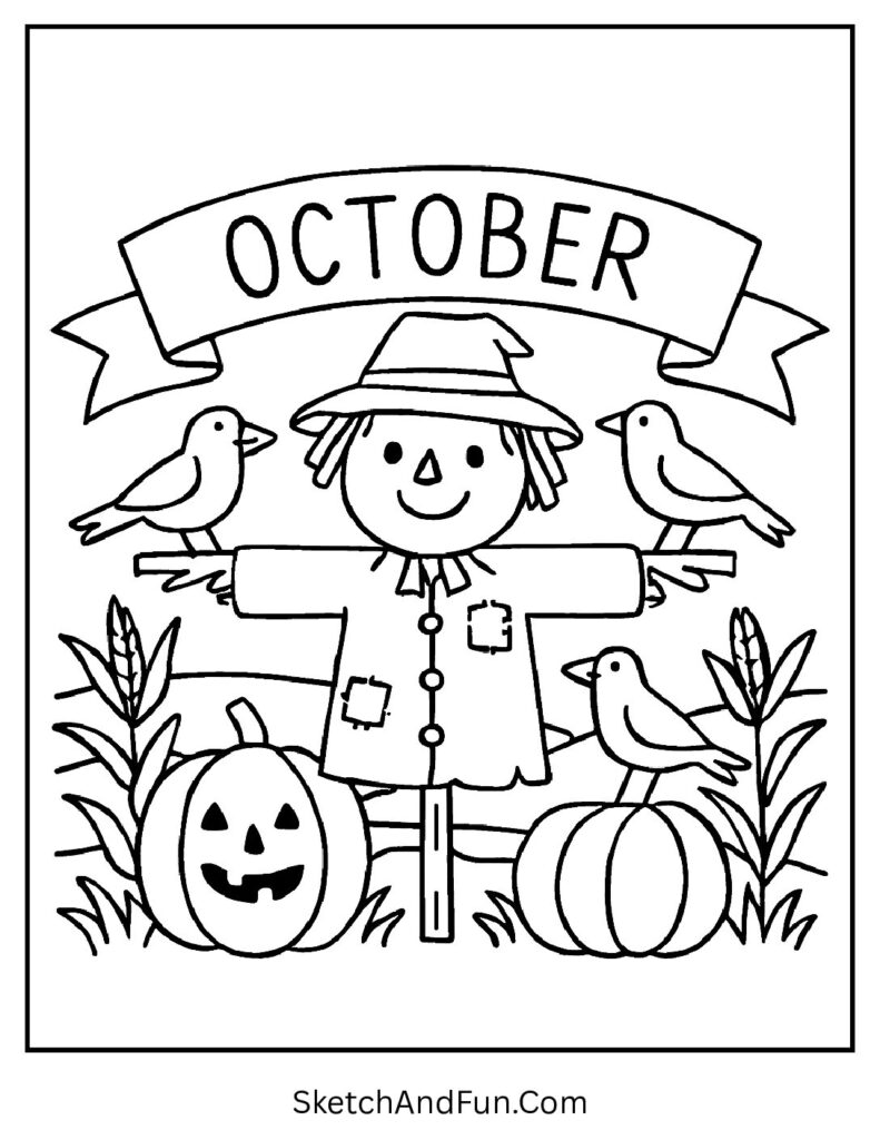 Scarecrow with pumpkins and banner that says “October” – October coloring activity sheets