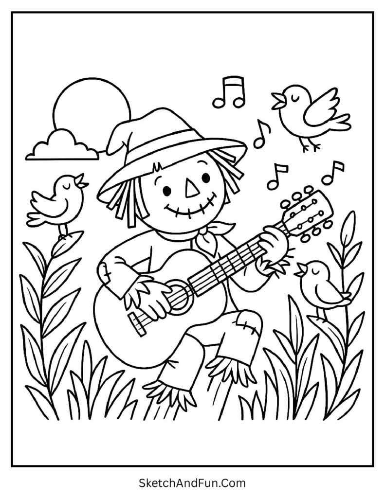 Musical farm theme in easy scarecrow coloring pages