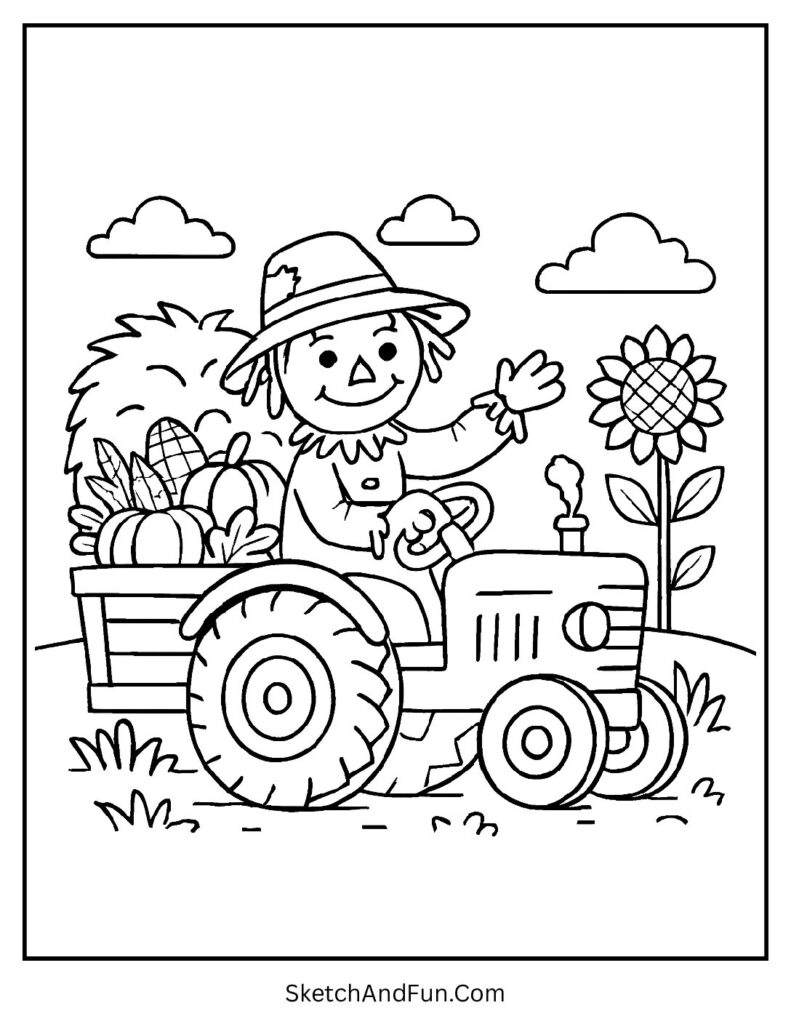 Harvest tractor scene in scarecrow coloring pages for kids
