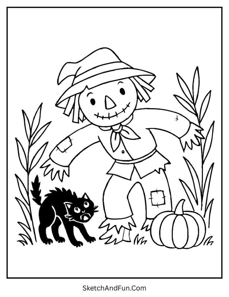 Black cat design in scarecrow coloring sheet free