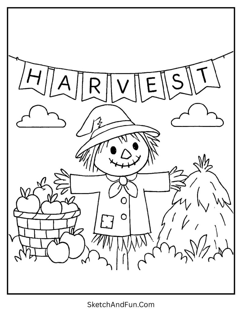 Apple harvest in scarecrow drawing coloring pages