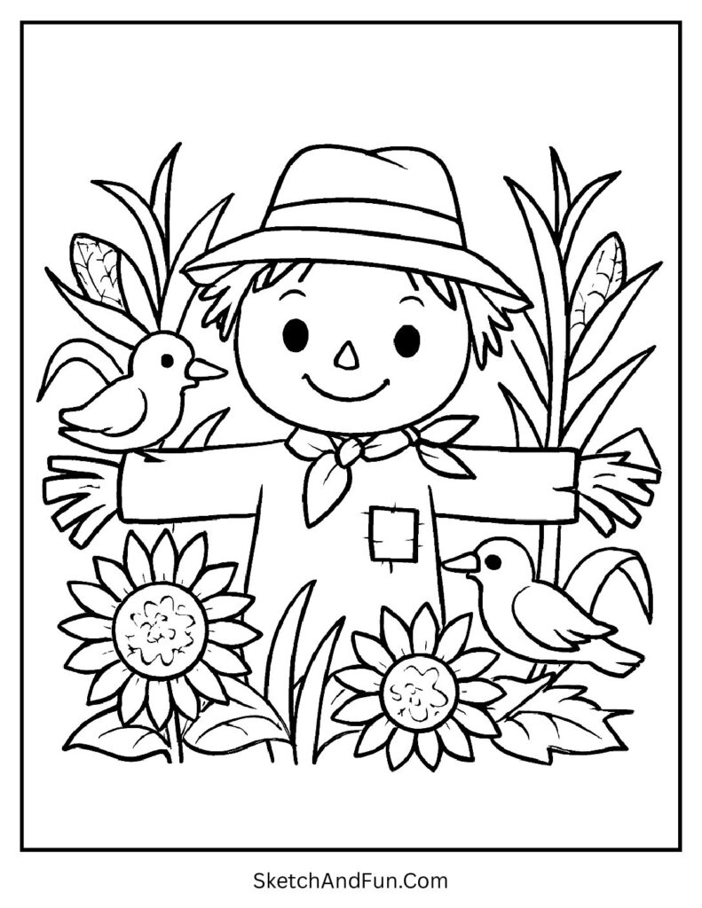 Scarecrow coloring pages fall-themed with corn stalks, sunflowers, and a smiling scarecrow 