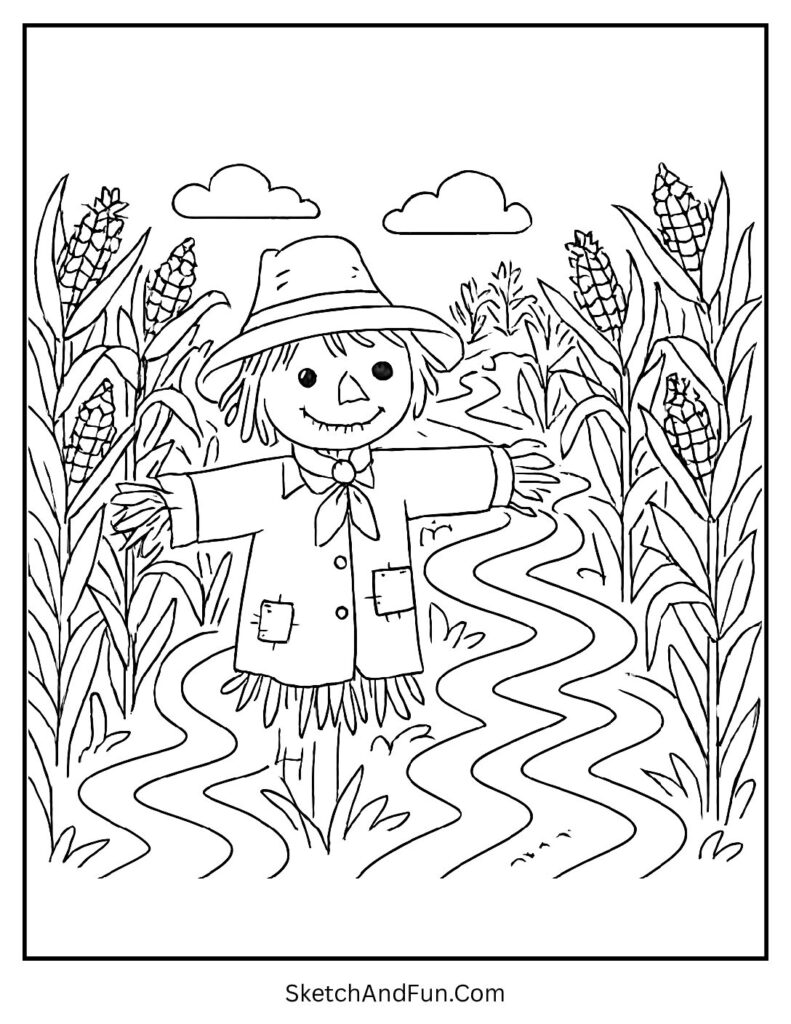 Corn maze adventure in cute scarecrow coloring pages