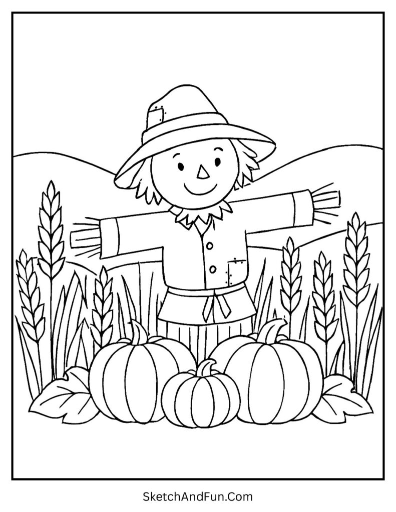 Friendly scarecrow in wheat field for wheat harvest coloring pages.