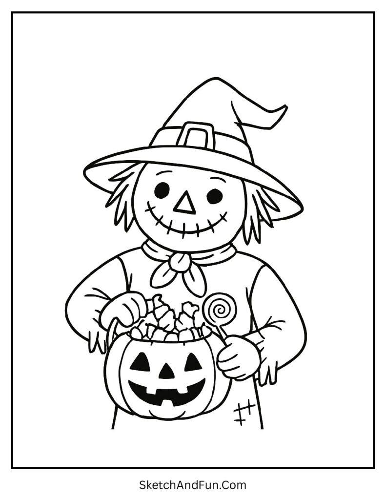 Halloween treats in fall scarecrow coloring pages