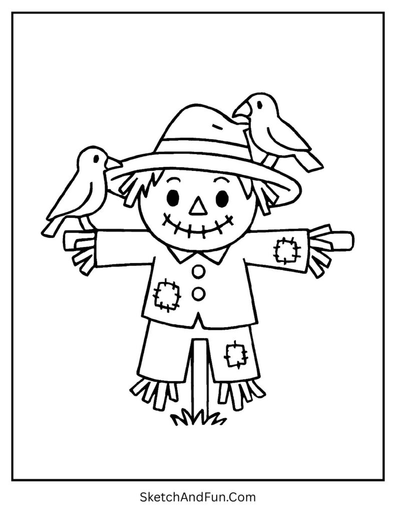 A cheerful scarecrow with crows on its hat – easy Halloween coloring pages