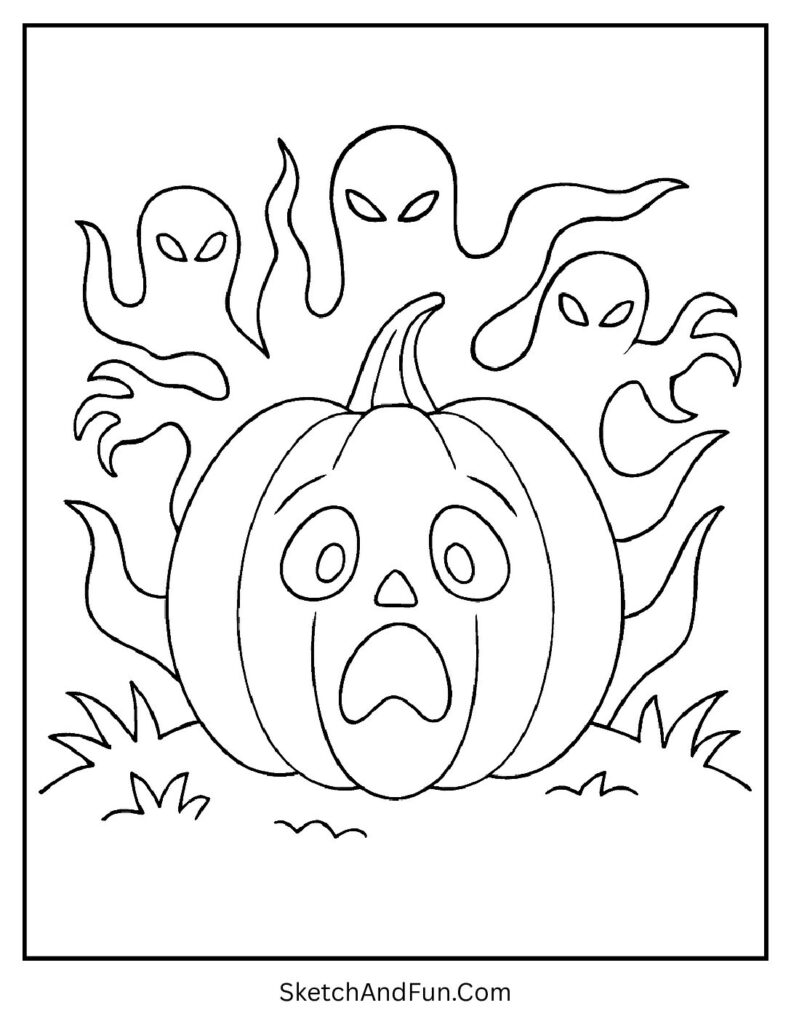 A scared pumpkin surrounded by shadows – Halloween coloring pages black and white
