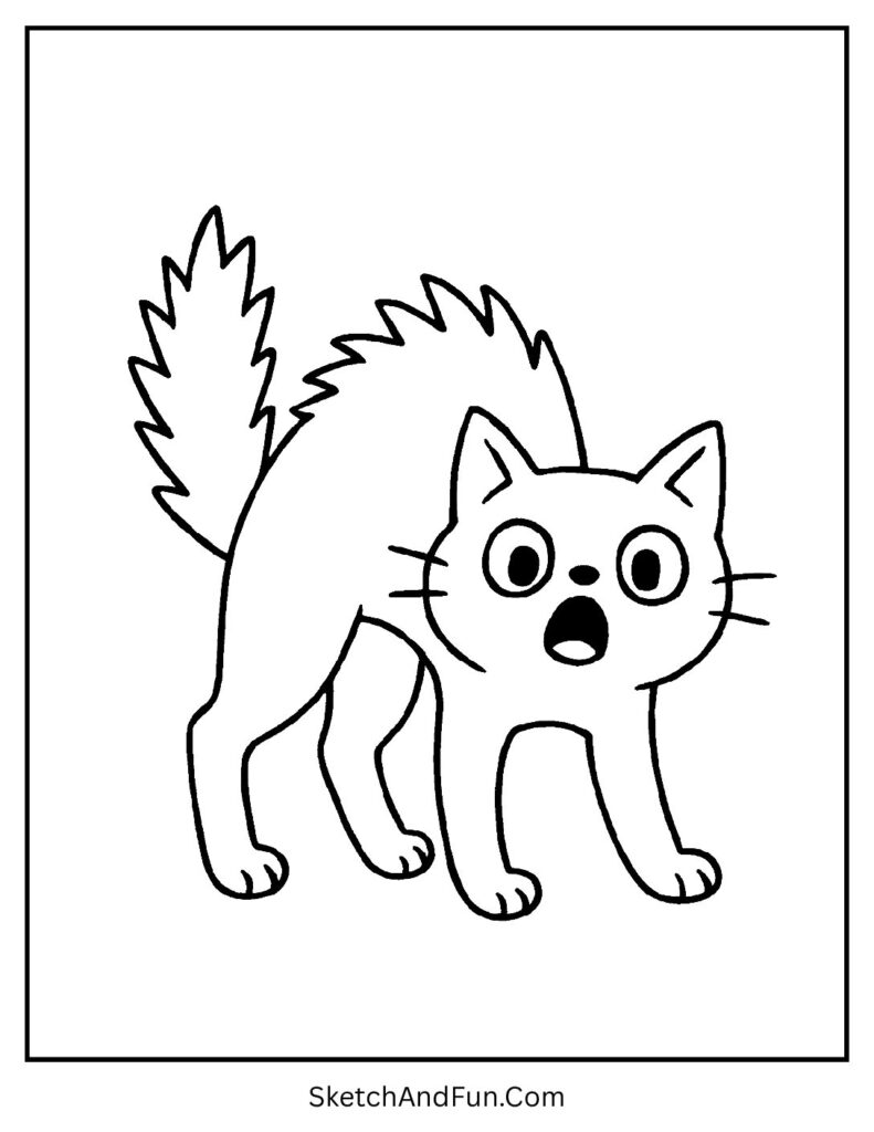 A scared cat with its back arched in fright – scary Halloween coloring pages