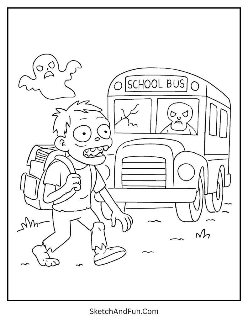 Zombie student near haunted bus – zombie coloring pages for kids fun.