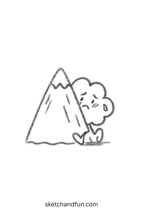 Shy cloud hiding behind mountain, cartoon-style goofy ahh face moment of blushing fluff