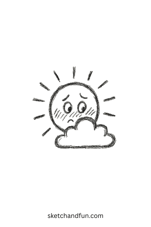 Blushing sun hiding behind a cloud โ cute goofy drawing idea for sunny day sketches