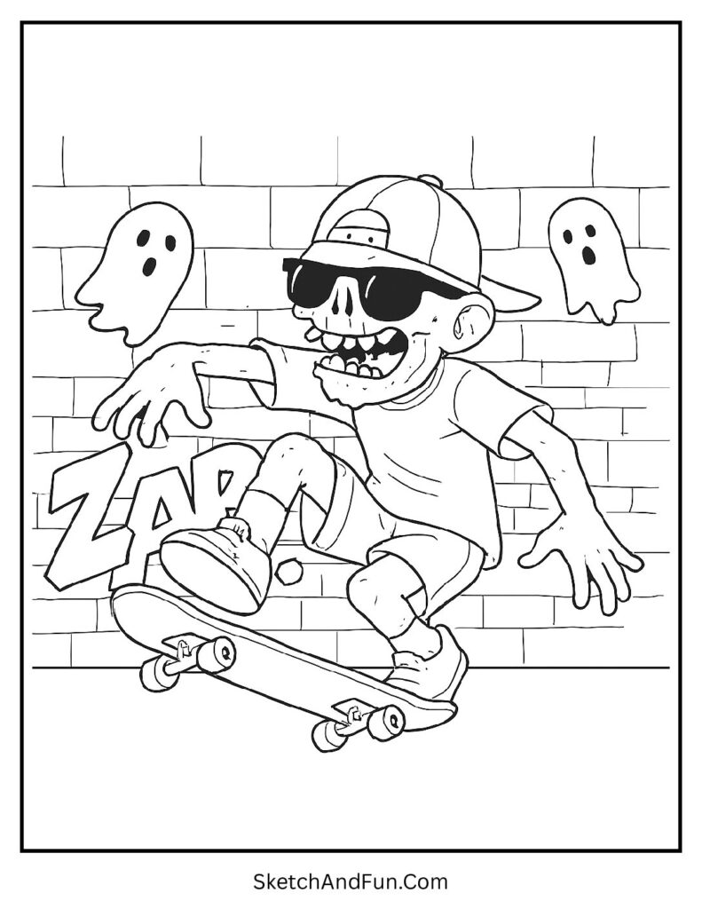 Skateboarding zombie with graffiti – zombie coloring pages for adults playful style.