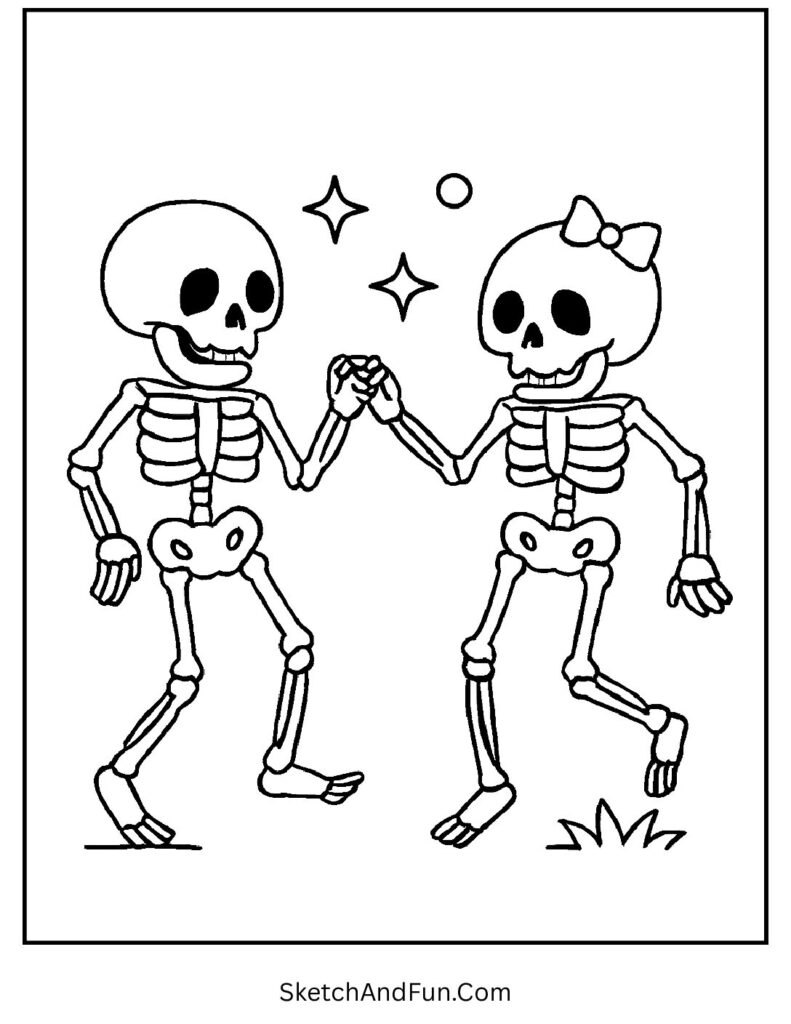 A skeleton couple dancing under the stars – Halloween Bible coloring pages