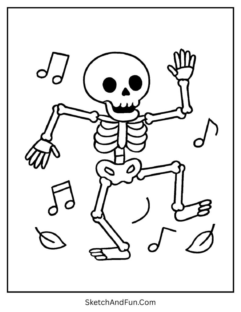 A dancing skeleton surrounded by music notes – skeleton Halloween coloring pages