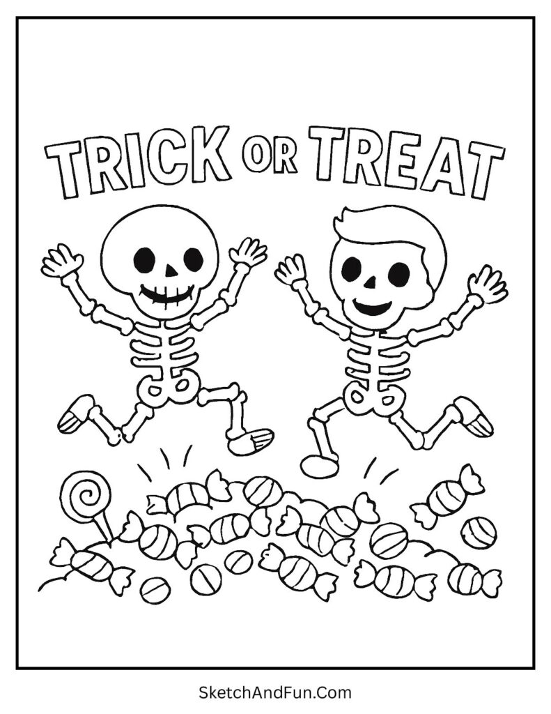 Skeleton kids jumping in candy pile for trick or treat coloring page PDF download.