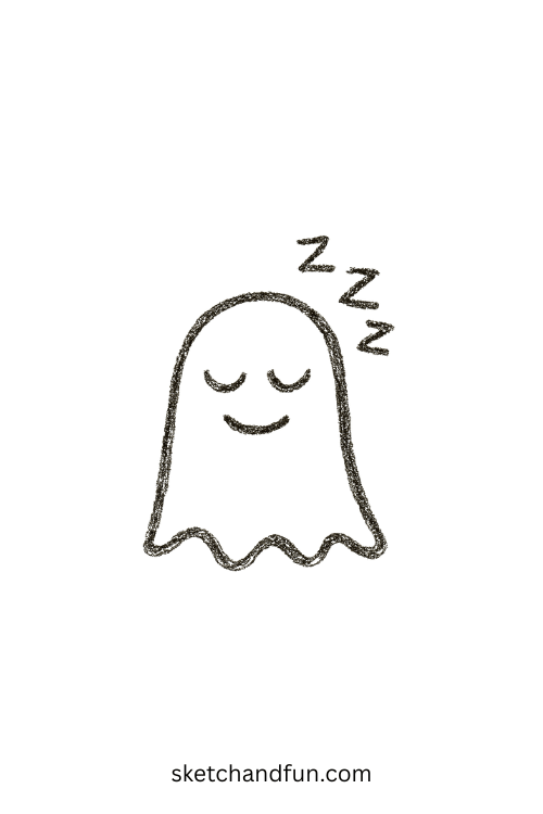 Sleepy ghost with Zzz above its head, cozy in ghost sketch ideas