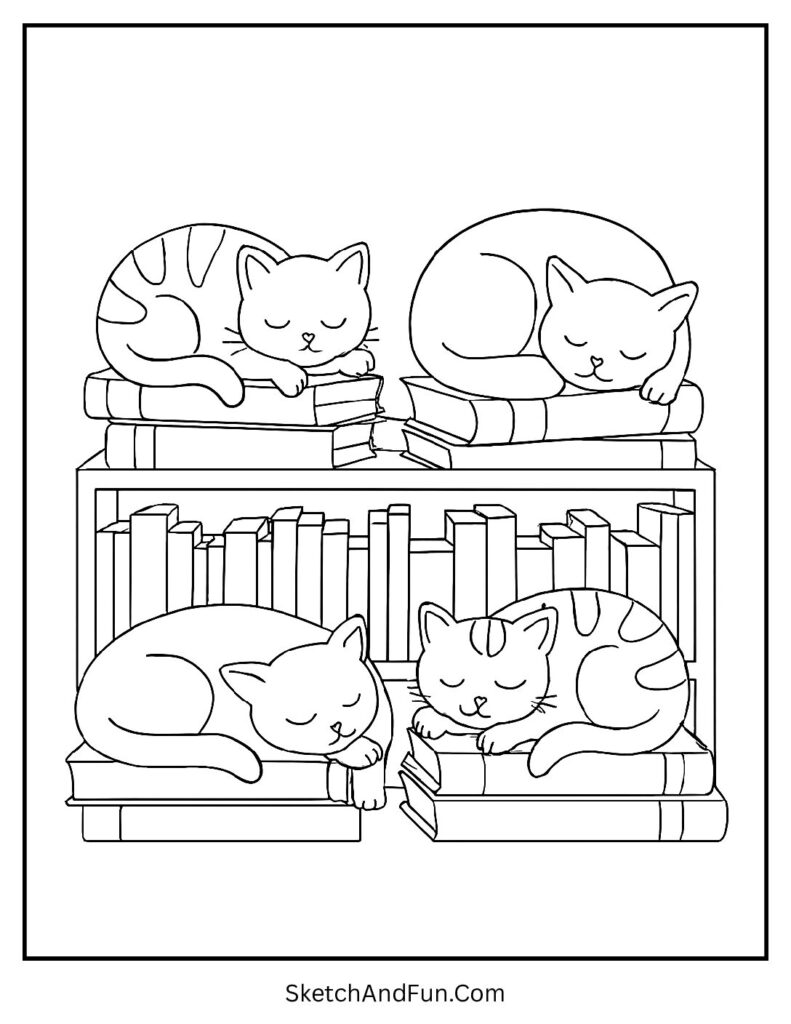 Kittens curled on bookshelves for cozy cat outline coloring pages quiet scene.