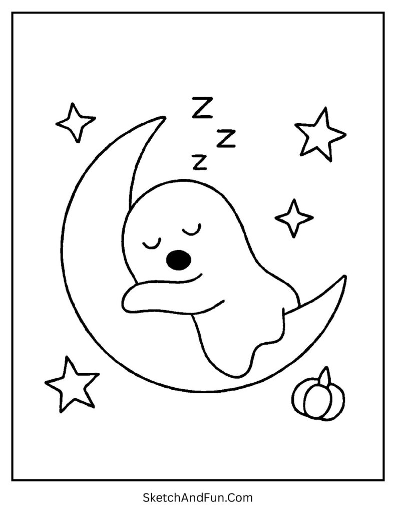 A sleepy ghost resting on a crescent moon is the cutest spooky ghost coloring page.