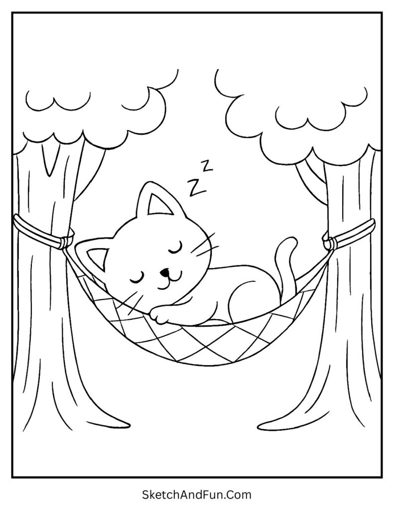 Kitten napping in hammock with trees for calming printable cute cat coloring pages.