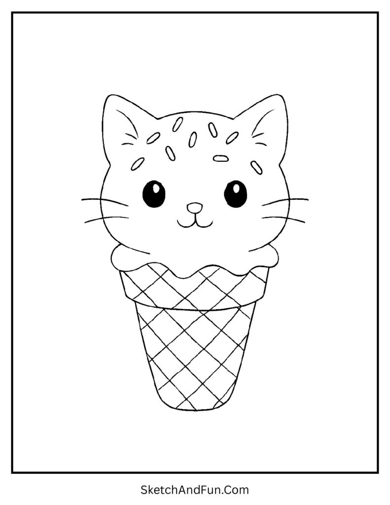 Adorable kitty inside an ice cream cone with sprinkles for playful cat coloring pages realistic.