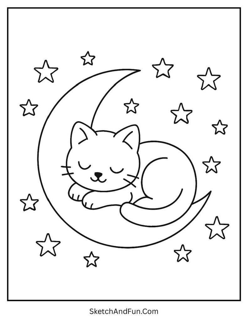 Kitten sleeping on crescent moon with stars for cozy cat coloring pages pdf relaxing moments.