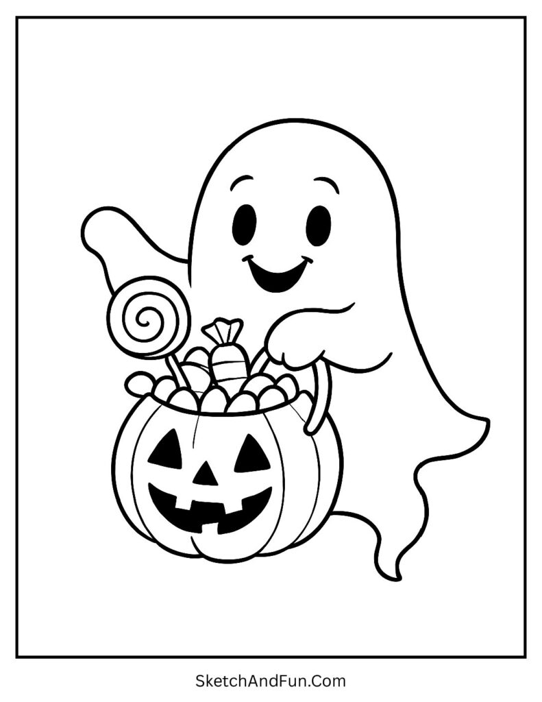 A happy ghost floats with a pumpkin bucket full of candy in this fun design from ghost coloring pages free.