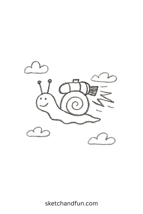 Jetpack snail zooming past garden, superhero-inspired goofy ahh cartoon drawing moment