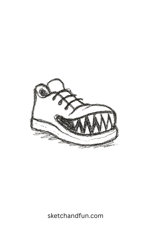 Sneaker with sharp teeth and goofy grin, fitting into goofy ahh meme drawing