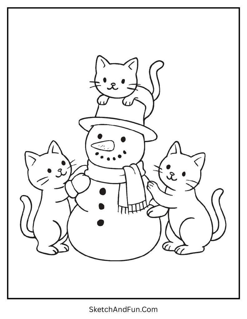 Kittens building snowman in scarves for festive vintage cat coloring pages winter fun.