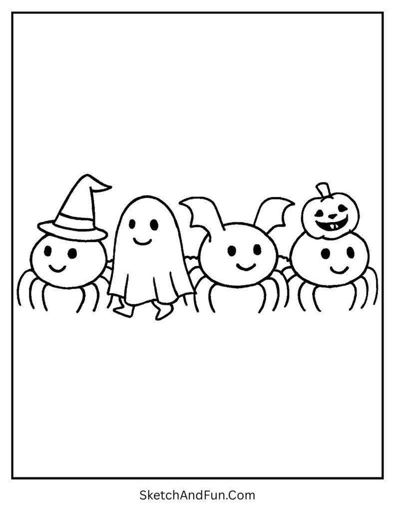 Spiders dressed up for a Halloween parade – kindergarten Halloween coloring sheets