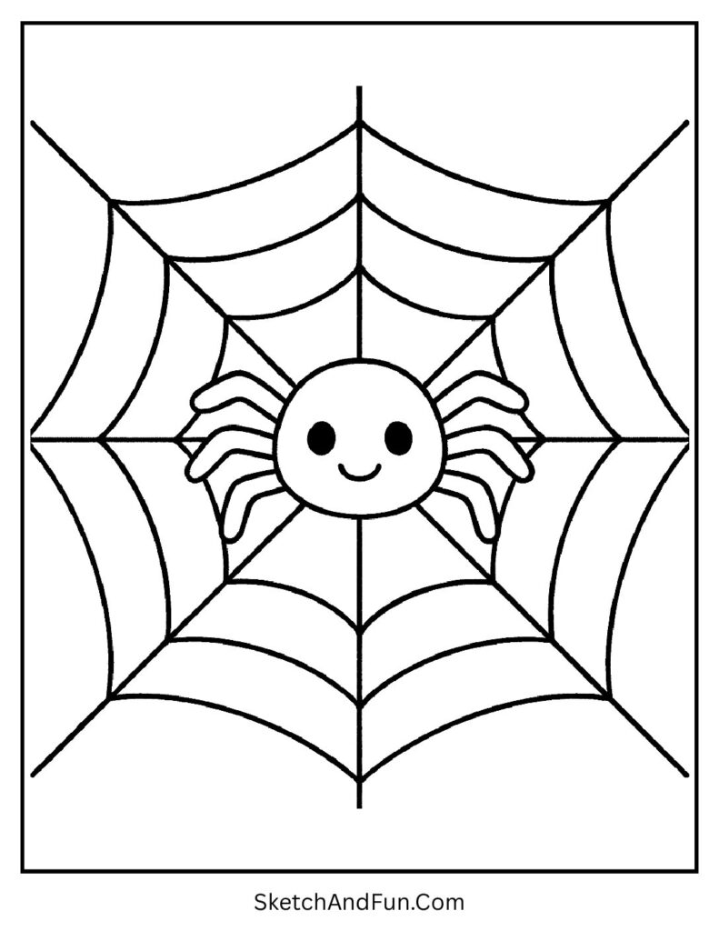 A spider hanging in a web on a quiet night – Halloween spider coloring pages