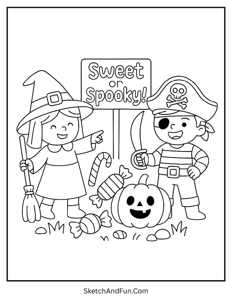 Kids hunting candies dressed as witches for trick or treat coloring pages spooky.