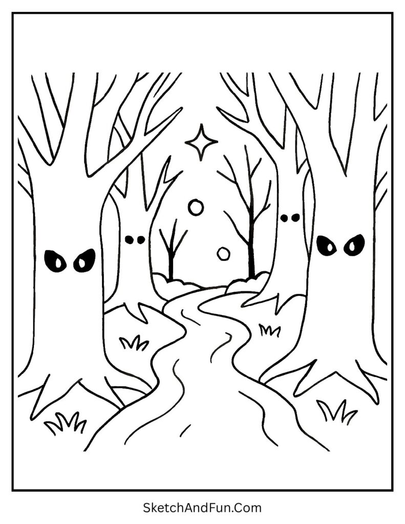 A spooky forest path with glowing eyes – printable spooky coloring pages