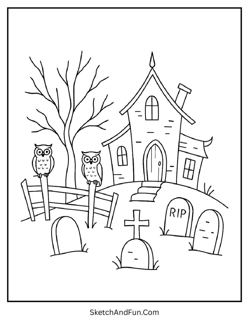 Gravestones beside haunted house coloring page PDF.