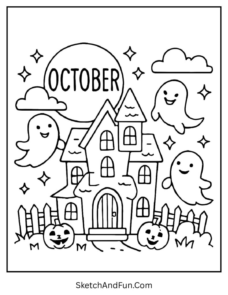 Haunted house with smiling ghosts and glowing “October” – spooky October coloring pages