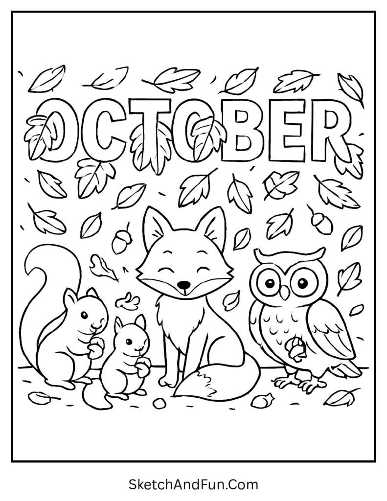 Forest animals under fall leaves with “October” in leaves – autumn October coloring pages