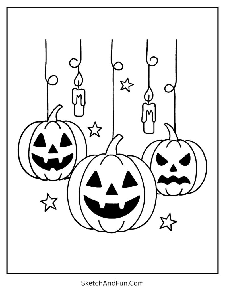 Lantern pumpkins dangling in trees for scary pumpkin coloring pages Halloween