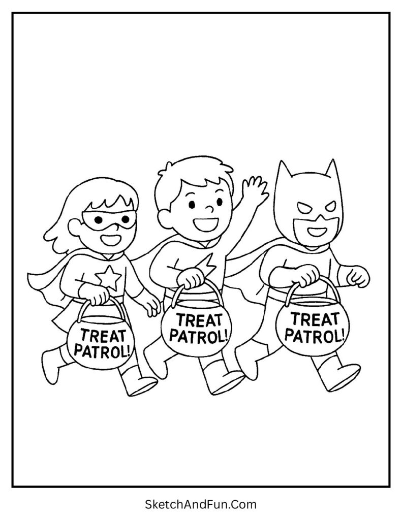 Superhero kids with candy bags for trick or treat coloring pages Disney.