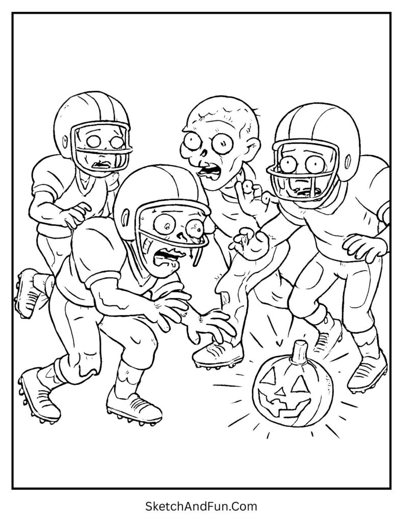 Football zombies chasing pumpkin – lego zombie coloring pages inspired sports