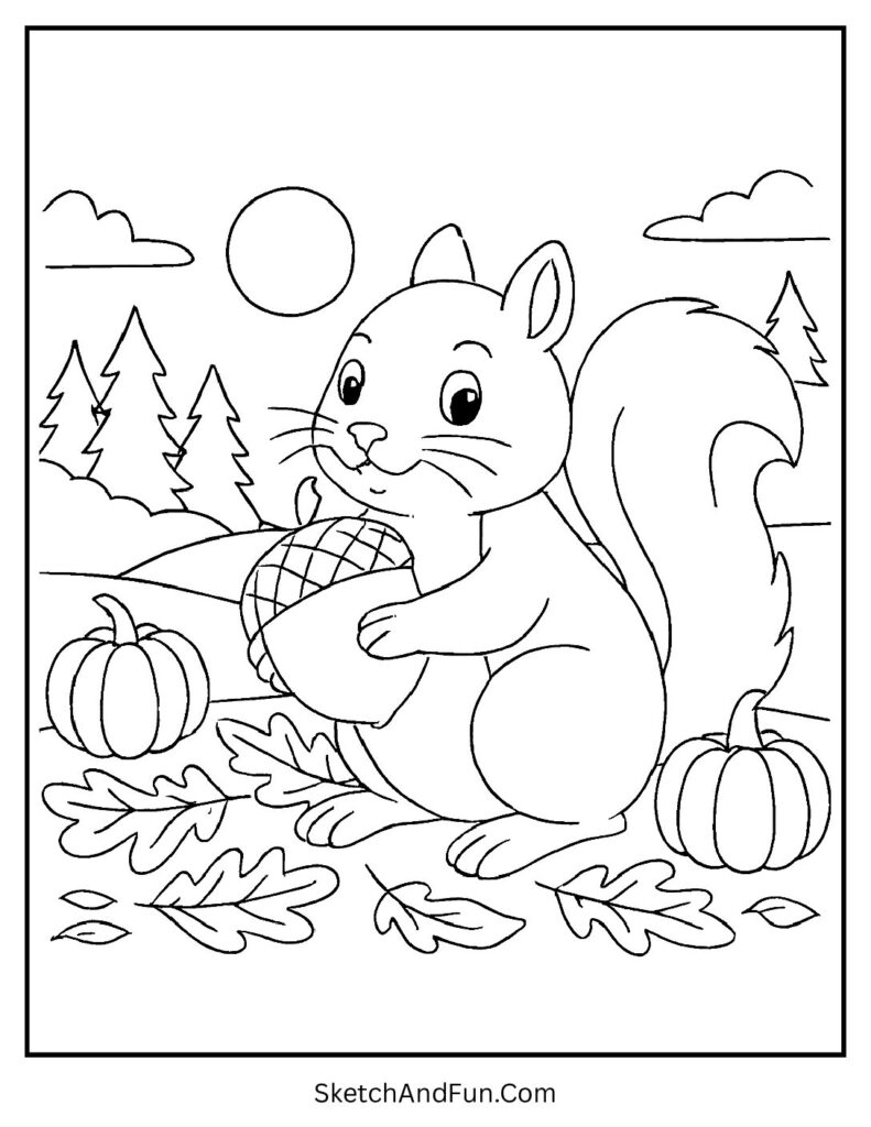 Squirrel with acorn on fall leaves coloring pages Thanksgiving with forest scene.