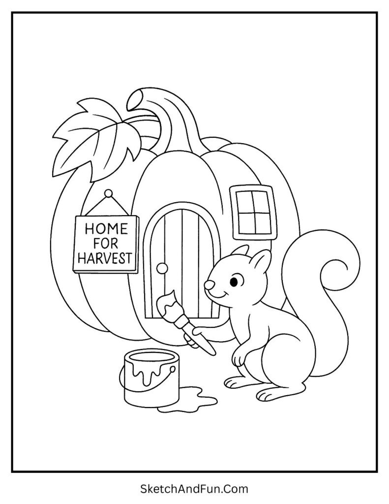 Squirrel painting pumpkin house for thanksgiving coloring pages themed crafts.