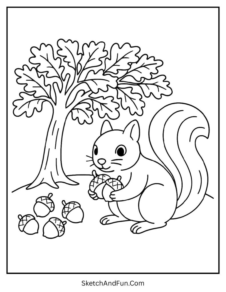 Fall acorn coloring pages featuring a cute squirrel under a big oak tree with swirling leaves 