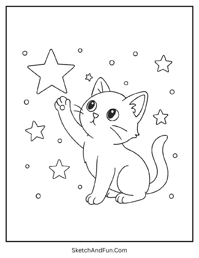 Kitten reaching glowing stars in sky for dreamy themed cat coloring pages for kids.