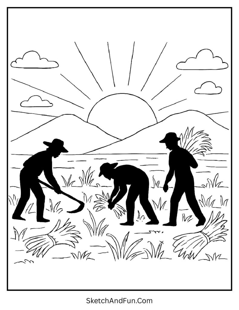 Farmers at sunset with fields for simple harvest coloring pages.