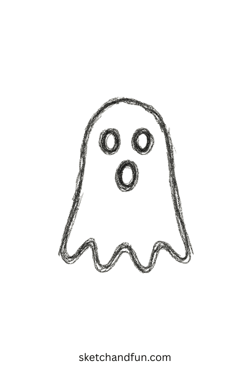 Shocked ghost with round eyes, fun chibi ghost drawing detail