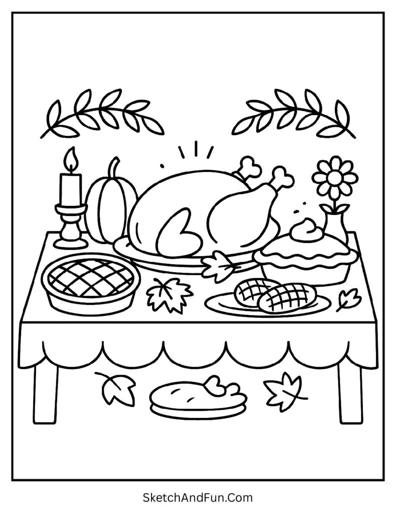 Thanksgiving fall coloring pages showing a table full of turkey, pies, and holiday joy