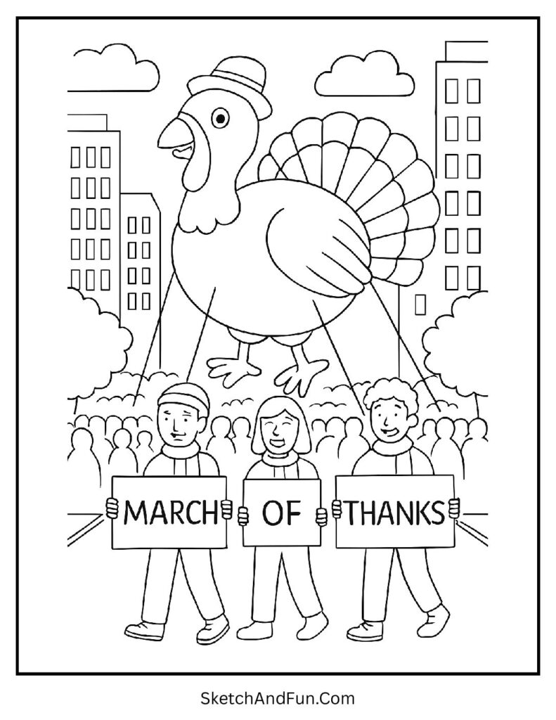 Parade with turkey balloons on coloring page Thanksgiving banner downtown event.