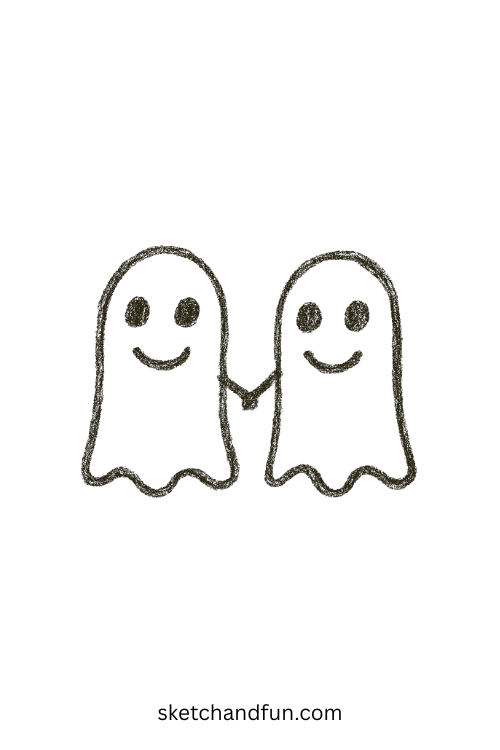 Two tiny ghosts holding hands, adorable for kawaii ghost drawing fun
