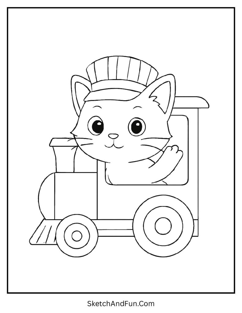 Kitten waving from toy train for charming cat coloring activity sheets printable.